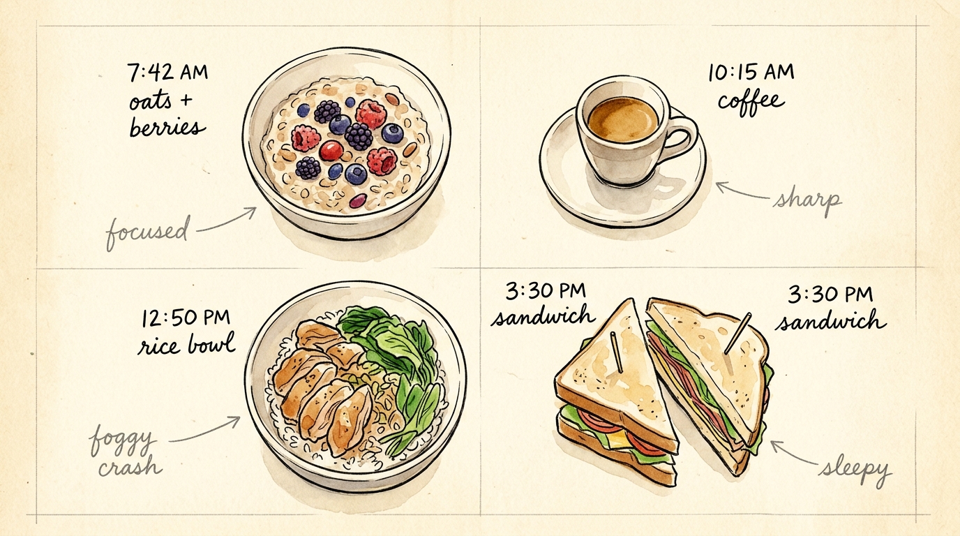 Hand-drawn food diary page with four meals — oats and berries, espresso, rice bowl, sandwich — labeled with times and mood notes in cursive: focused, sharp, foggy crash, sleepy.
